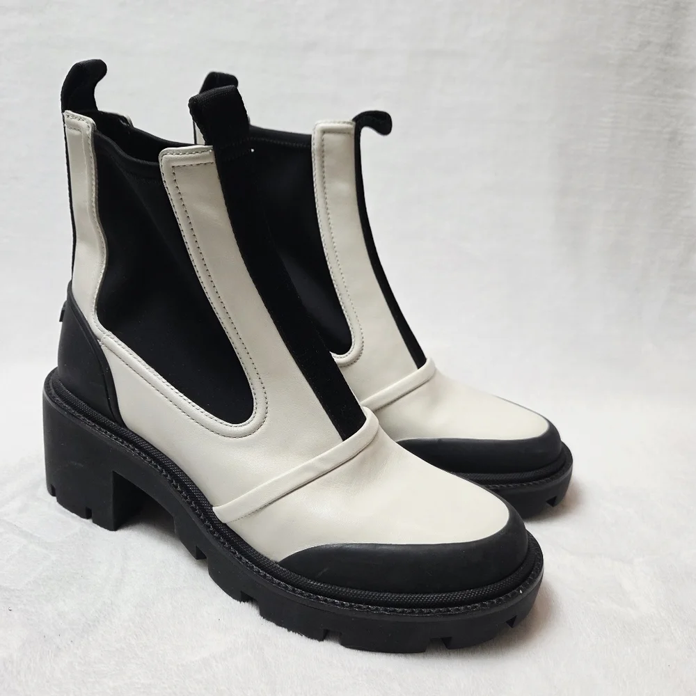 Tory Burch Chelsea Lug Sole Heeled Ankle Booties Ivory Black Leather